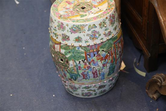 A pair of Chinese famille rose barrel shaped garden seats, c.1830-50, height 47.5cm, one barrel cracked